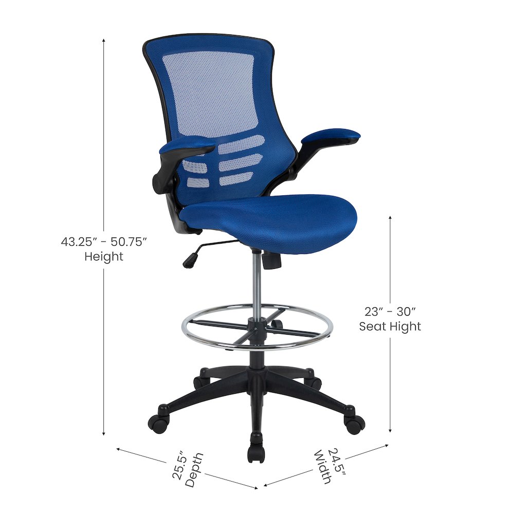 Mid-Back Blue Mesh Drafting Chair with Adjustable Foot Ring and Flip-Up Arms