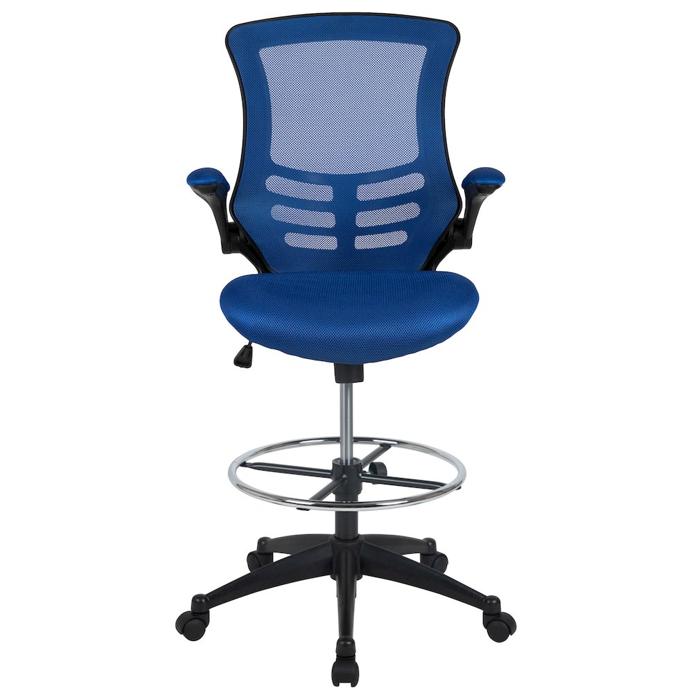 Mid-Back Blue Mesh Drafting Chair with Adjustable Foot Ring and Flip-Up Arms