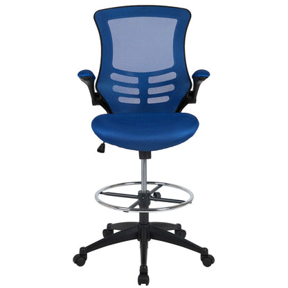 Mid-Back Blue Mesh Drafting Chair with Adjustable Foot Ring and Flip-Up Arms