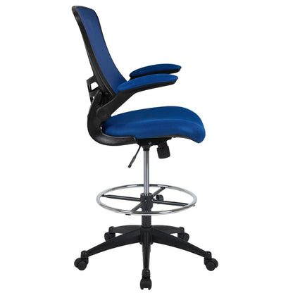 Mid Back Blue Mesh Ergonomic Drafting Chair with Adjustable Foot Ring and Flip-Up Arms