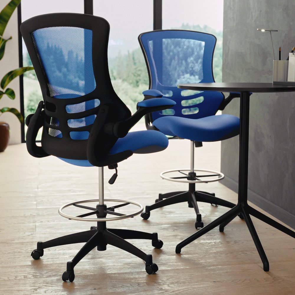 Mid-Back Blue Mesh Drafting Chair with Adjustable Foot Ring and Flip-Up Arms
