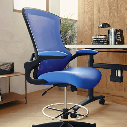 Mid-Back Blue Mesh Drafting Chair with Adjustable Foot Ring and Flip-Up Arms
