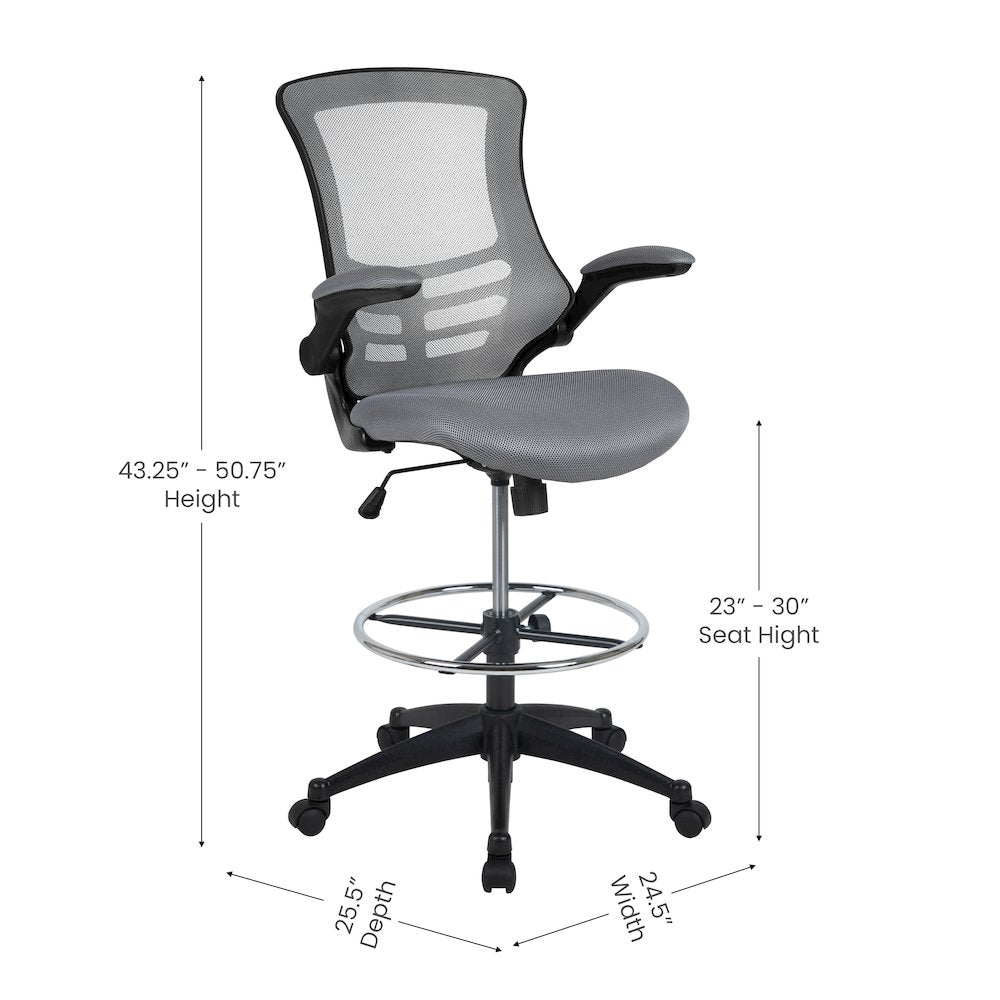 Mid Back Dark Gray Mesh Ergonomic Drafting Chair with Adjustable Foot Ring and Flip-Up Arms