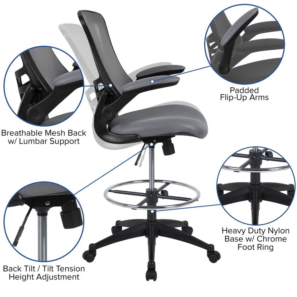 Mid Back Dark Gray Mesh Ergonomic Drafting Chair with Adjustable Foot Ring and Flip-Up Arms