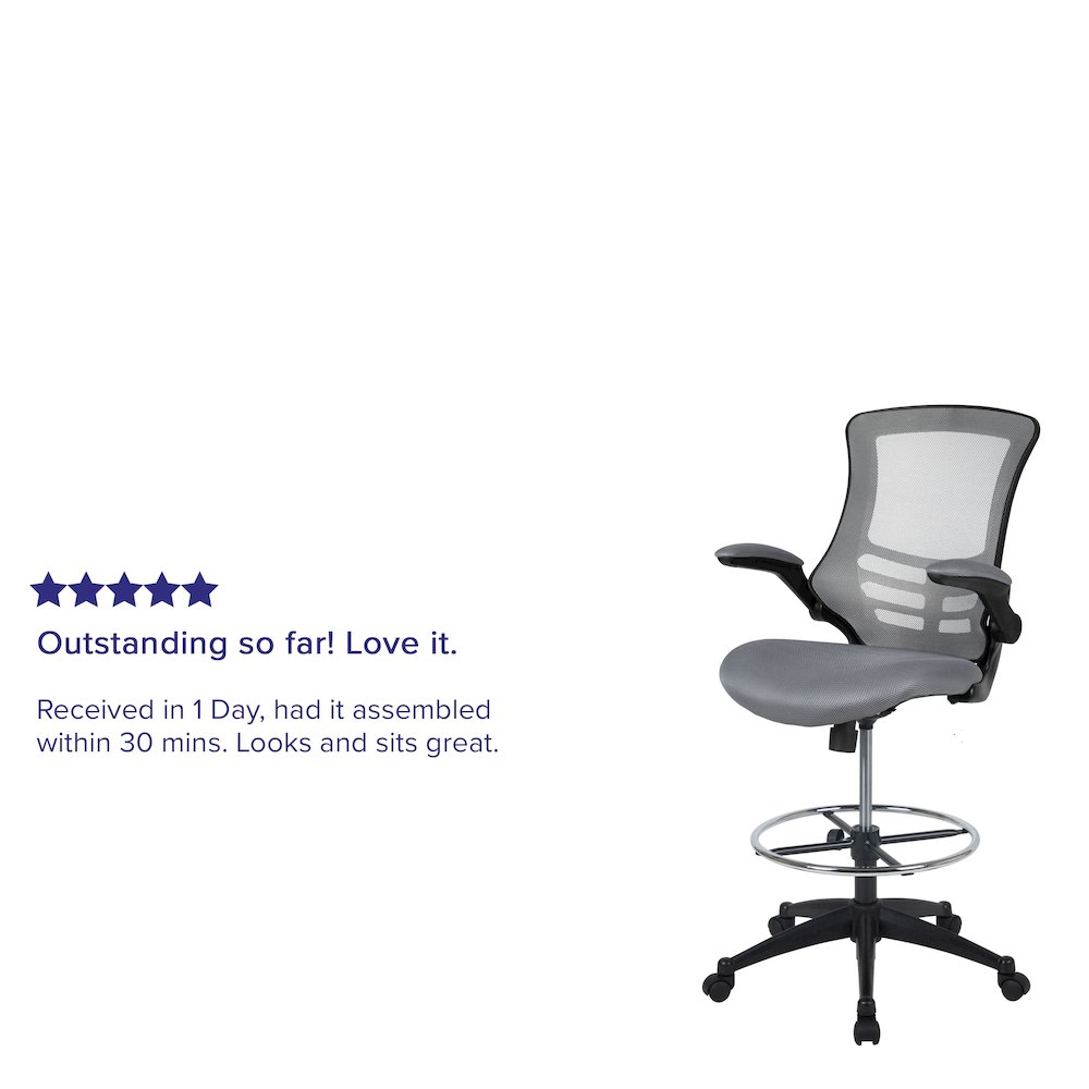 Mid Back Dark Gray Mesh Ergonomic Drafting Chair with Adjustable Foot Ring and Flip-Up Arms