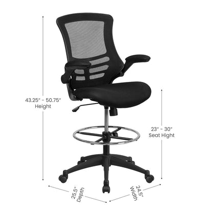 Mid Back Black Mesh Ergonomic Drafting Chair with Adjustable Foot Ring and Flip-Up Arms