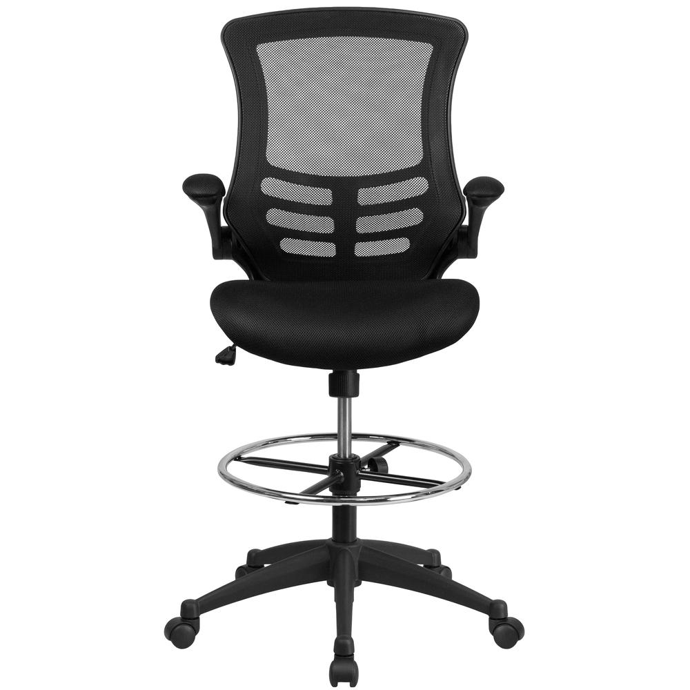 Mid Back Black Mesh Ergonomic Drafting Chair with Adjustable Foot Ring and Flip-Up Arms