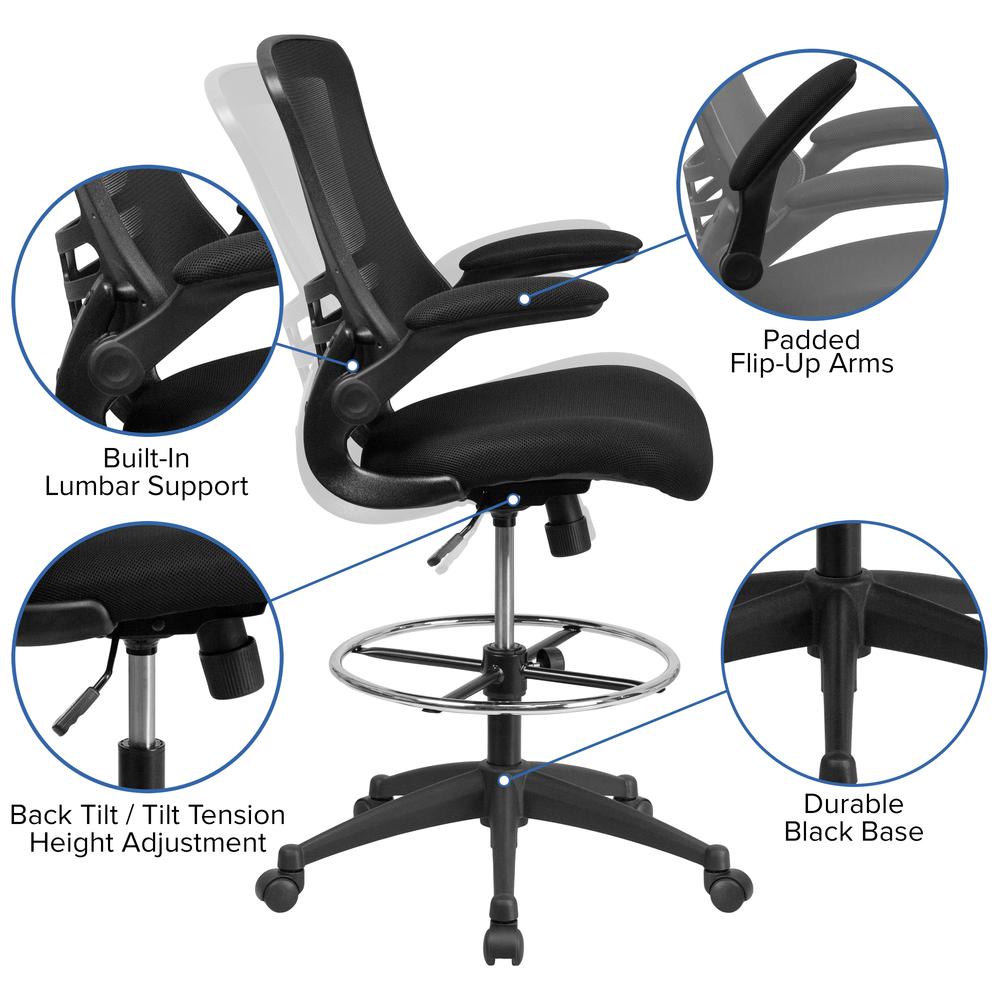 Mid Back Black Mesh Ergonomic Drafting Chair with Adjustable Foot Ring and Flip-Up Arms
