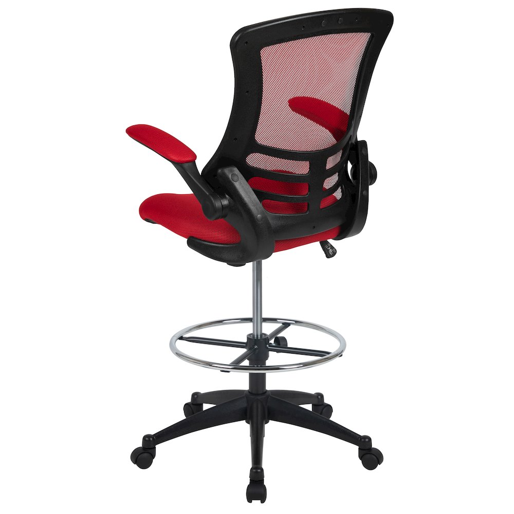 Mid-Back Red Mesh Drafting Chair with Adjustable Foot Ring and Flip-Up Arms