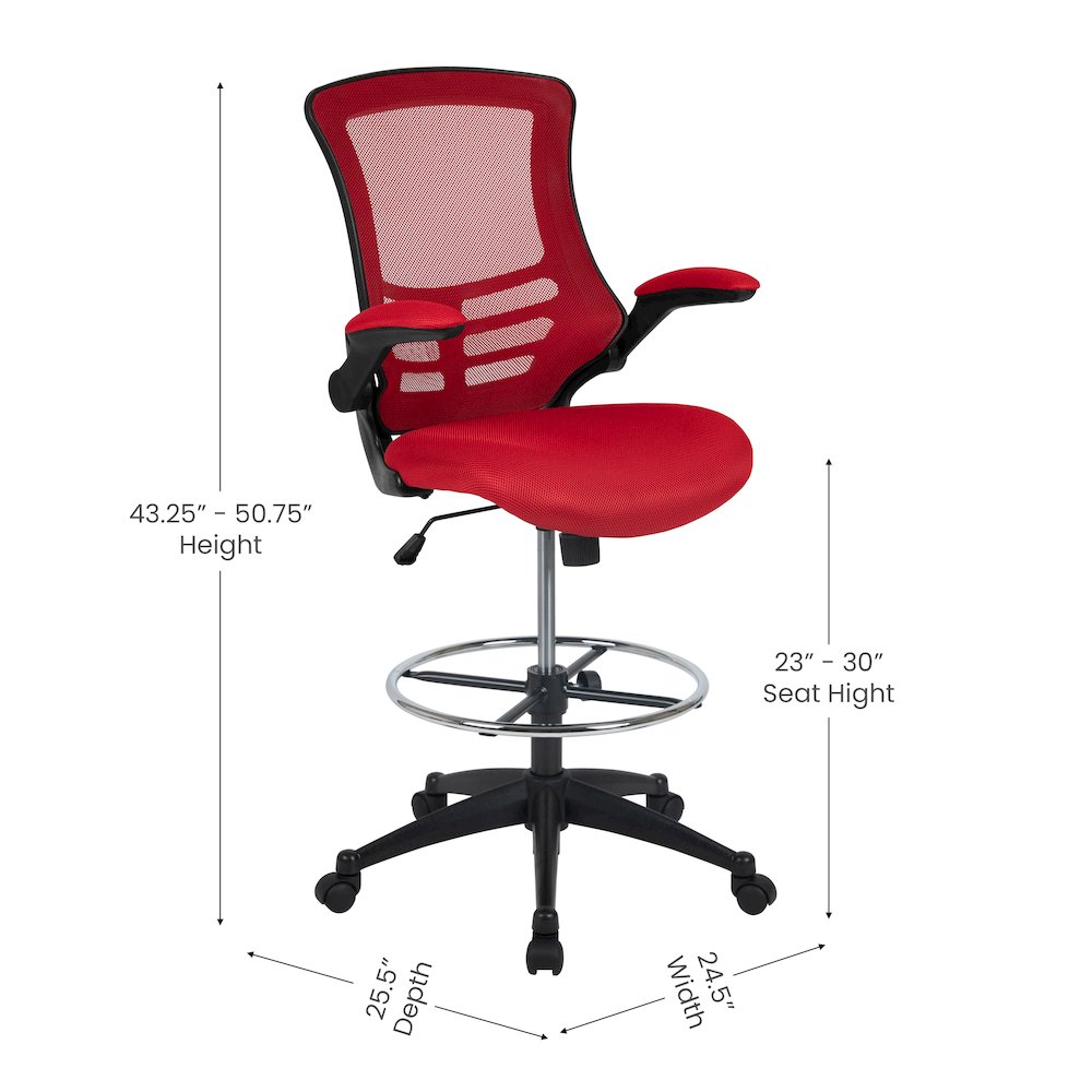 Mid-Back Red Mesh Drafting Chair with Adjustable Foot Ring and Flip-Up Arms