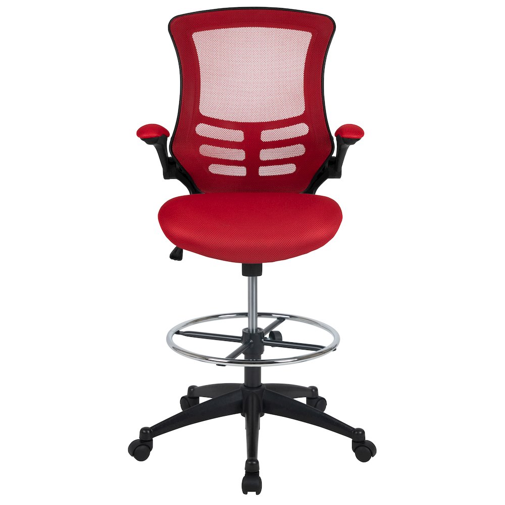Mid-Back Red Mesh Drafting Chair with Adjustable Foot Ring and Flip-Up Arms