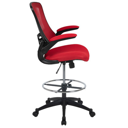 Mid-Back Red Mesh Drafting Chair with Adjustable Foot Ring and Flip-Up Arms