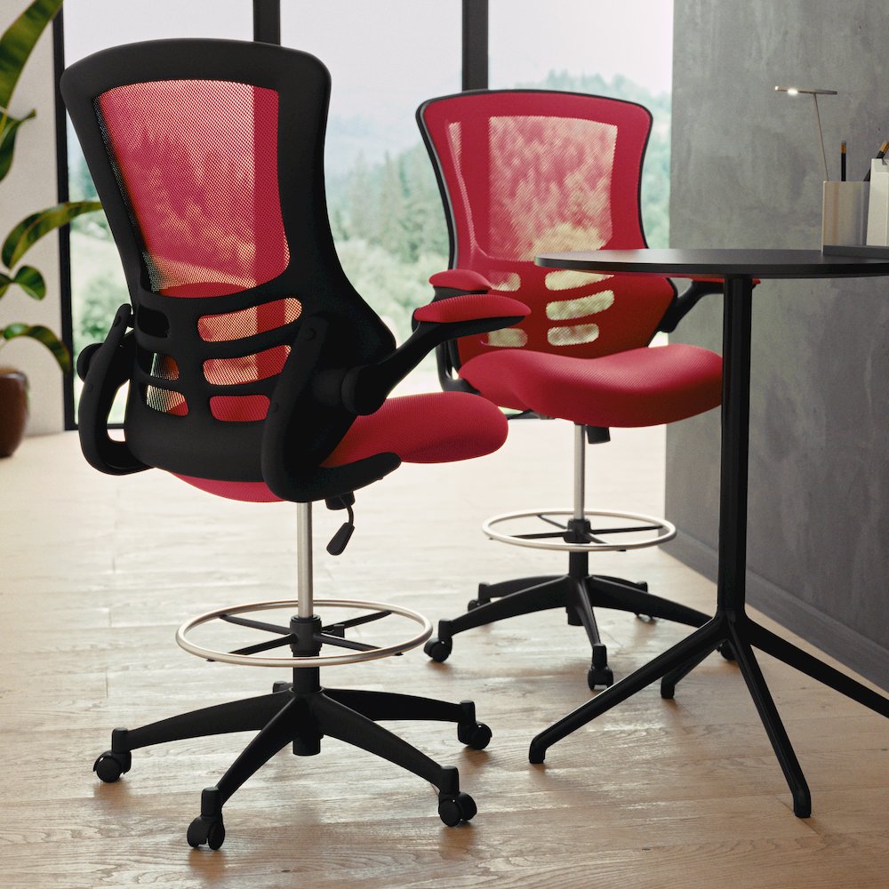 Mid-Back Red Mesh Drafting Chair with Adjustable Foot Ring and Flip-Up Arms