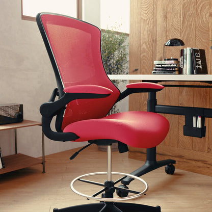 Mid-Back Red Mesh Drafting Chair with Adjustable Foot Ring and Flip-Up Arms