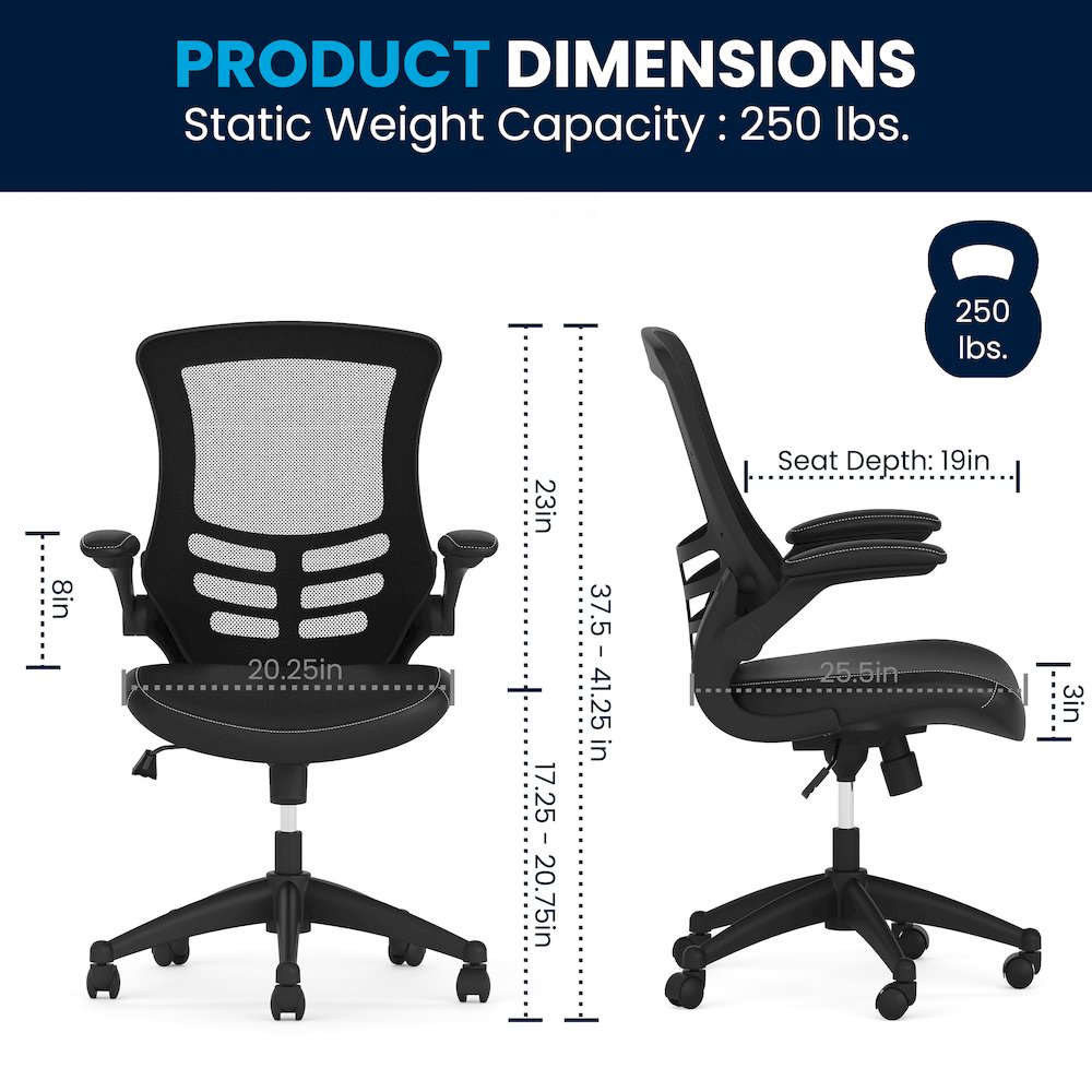 Mid-Back Black Mesh Swivel Ergonomic Task Office Chair with LeatherSoft Seat and Flip-Up Arms