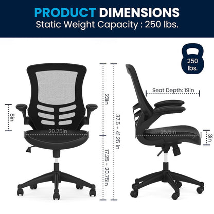 Mid-Back Black Mesh Swivel Ergonomic Task Office Chair with LeatherSoft Seat and Flip-Up Arms
