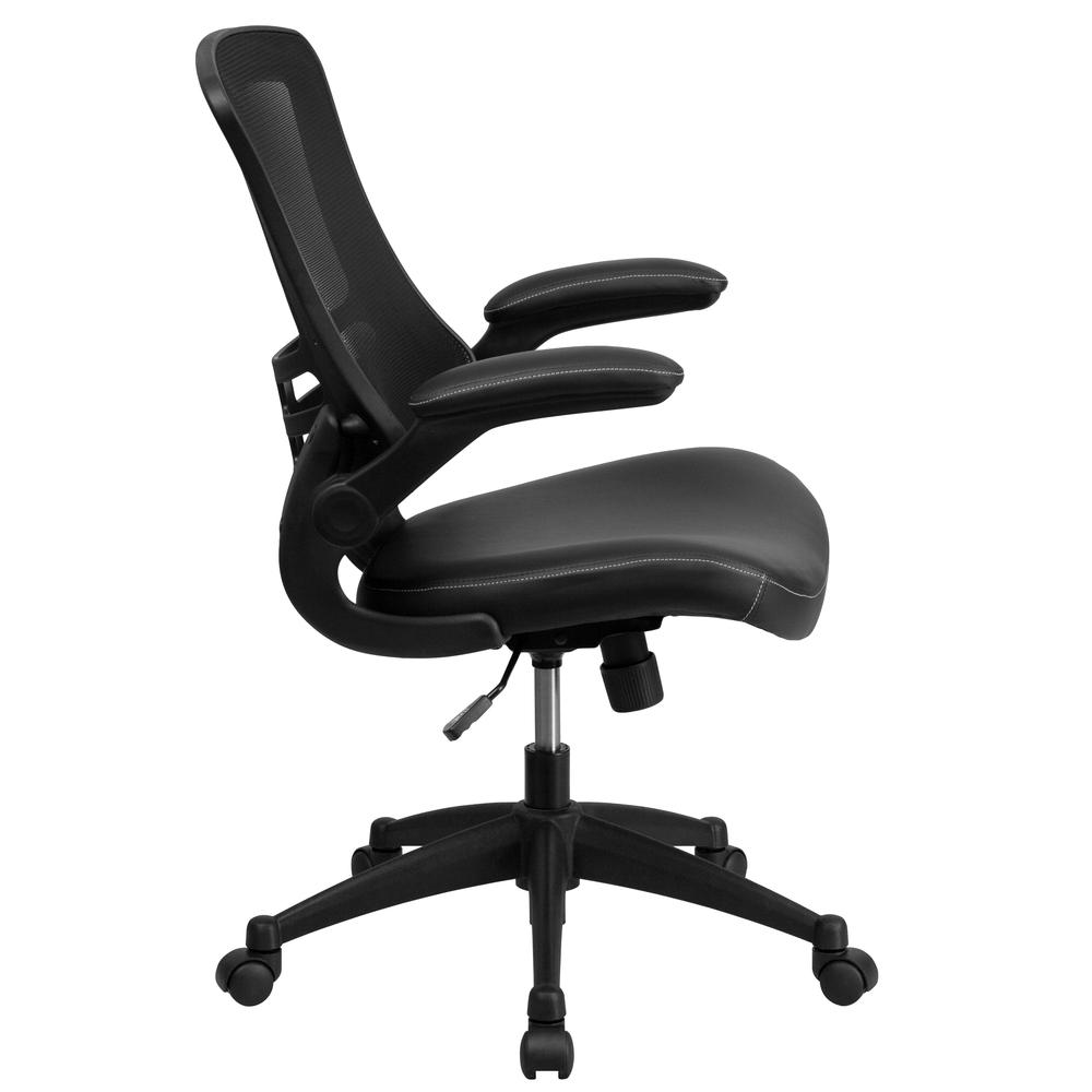 Mid-Back Black Mesh Swivel Ergonomic Task Office Chair with LeatherSoft Seat and Flip-Up Arms