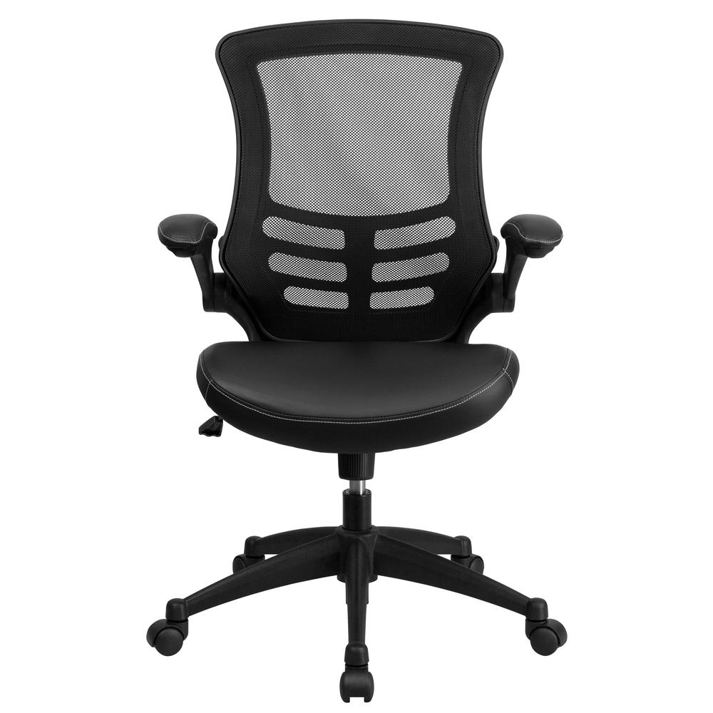 Mid-Back Black Mesh Swivel Ergonomic Task Office Chair with LeatherSoft Seat and Flip-Up Arms