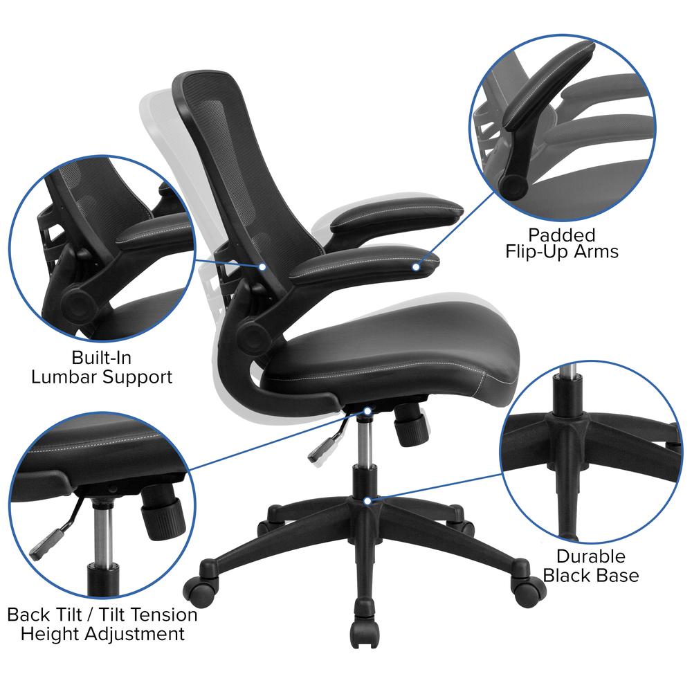 Mid-Back Black Mesh Swivel Ergonomic Task Office Chair with LeatherSoft Seat and Flip-Up Arms