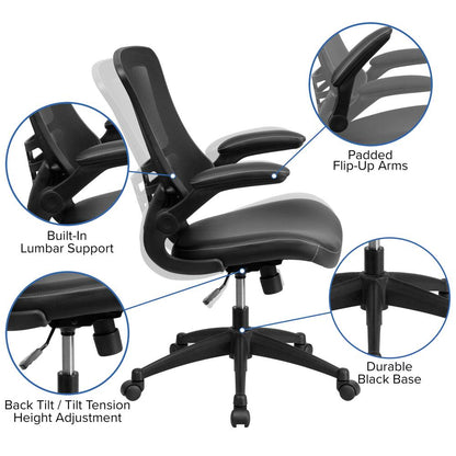 Mid-Back Black Mesh Swivel Ergonomic Task Office Chair with LeatherSoft Seat and Flip-Up Arms