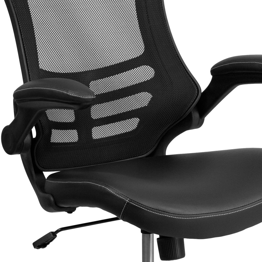 Mid-Back Black Mesh Swivel Ergonomic Task Office Chair with LeatherSoft Seat and Flip-Up Arms