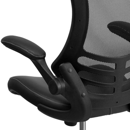 Mid-Back Black Mesh Swivel Ergonomic Task Office Chair with LeatherSoft Seat and Flip-Up Arms