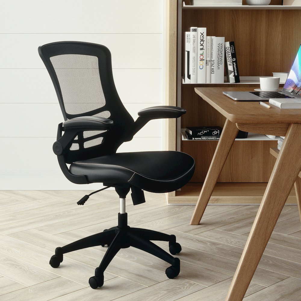 Mid-Back Black Mesh Swivel Ergonomic Task Office Chair with LeatherSoft Seat and Flip-Up Arms
