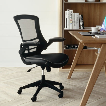 Mid-Back Black Mesh Swivel Ergonomic Task Office Chair with LeatherSoft Seat and Flip-Up Arms