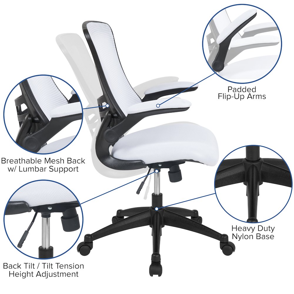 Mid-Back White Mesh Swivel Ergonomic Task Office Chair with Flip-Up Arms