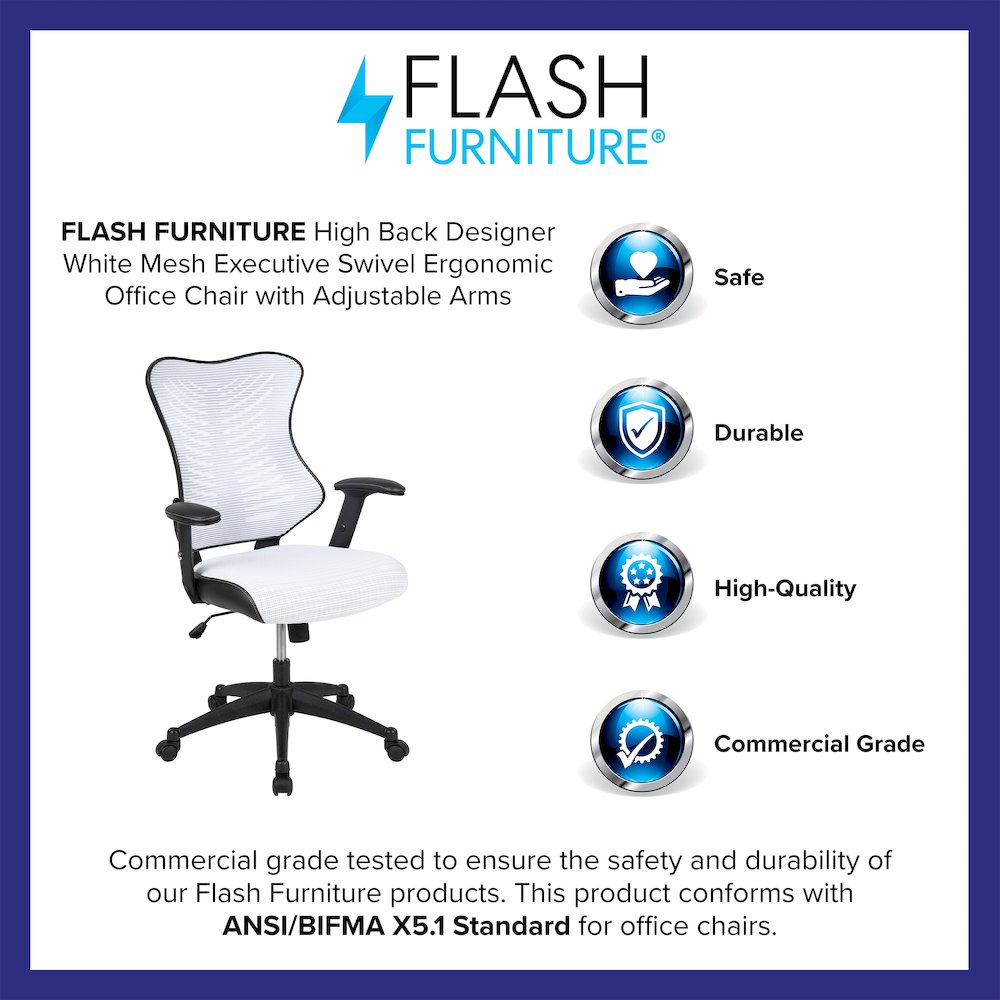 High Back Designer White Mesh Executive Swivel Office Chair with Adjustable Arms