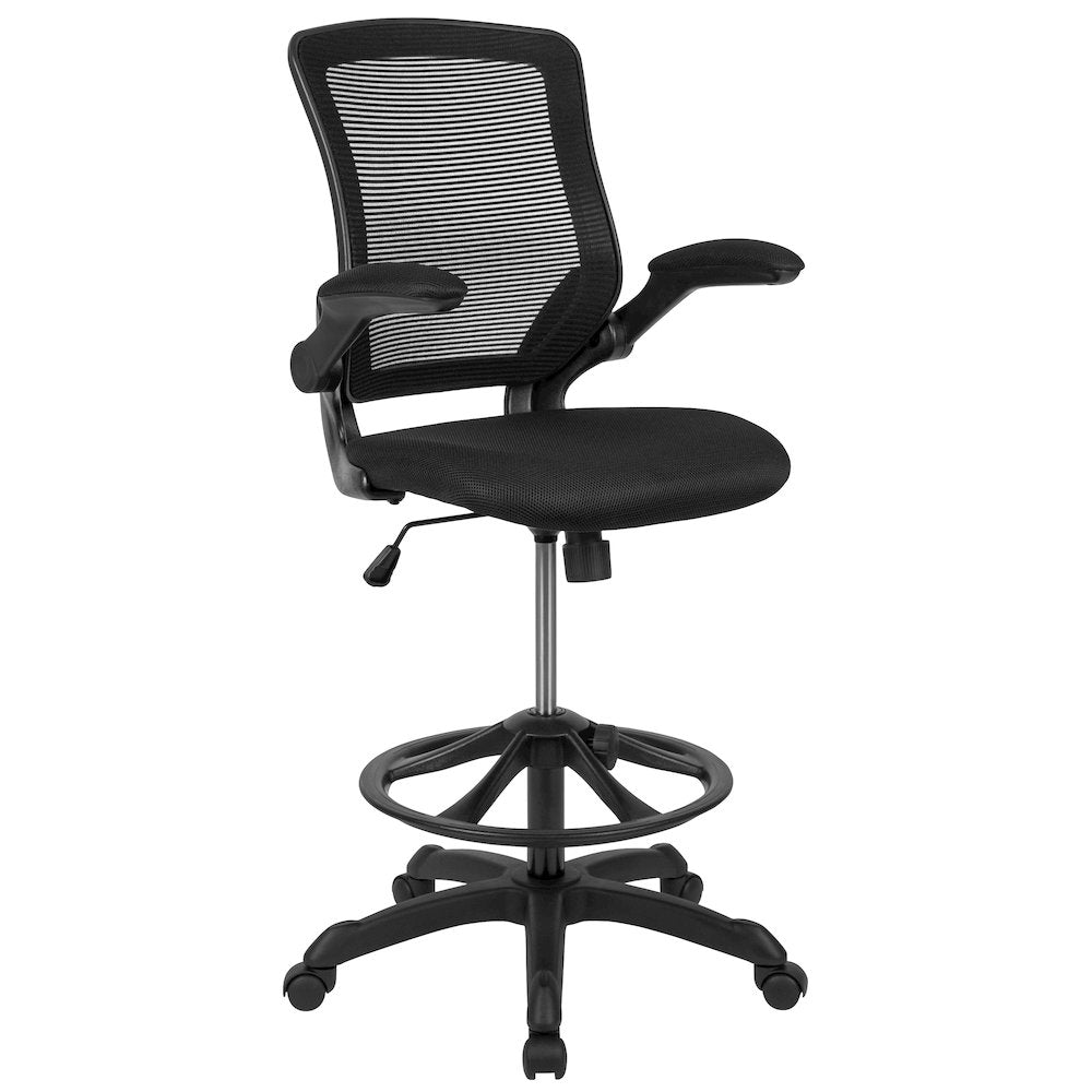 Mid-Back Black Mesh Drafting Chair with Adjustable Foot Ring and Flip-Up Arms