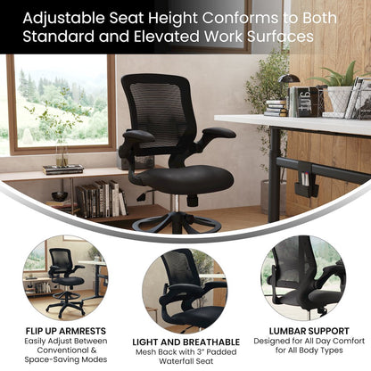 Mid-Back Black Mesh Drafting Chair with Adjustable Foot Ring and Flip-Up Arms