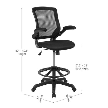 Mid-Back Black Mesh Drafting Chair with Adjustable Foot Ring and Flip-Up Arms