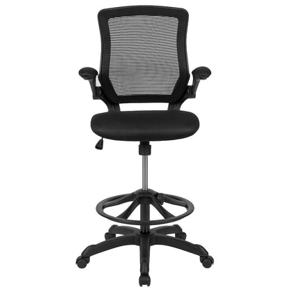 Mid-Back Black Mesh Drafting Chair with Adjustable Foot Ring and Flip-Up Arms