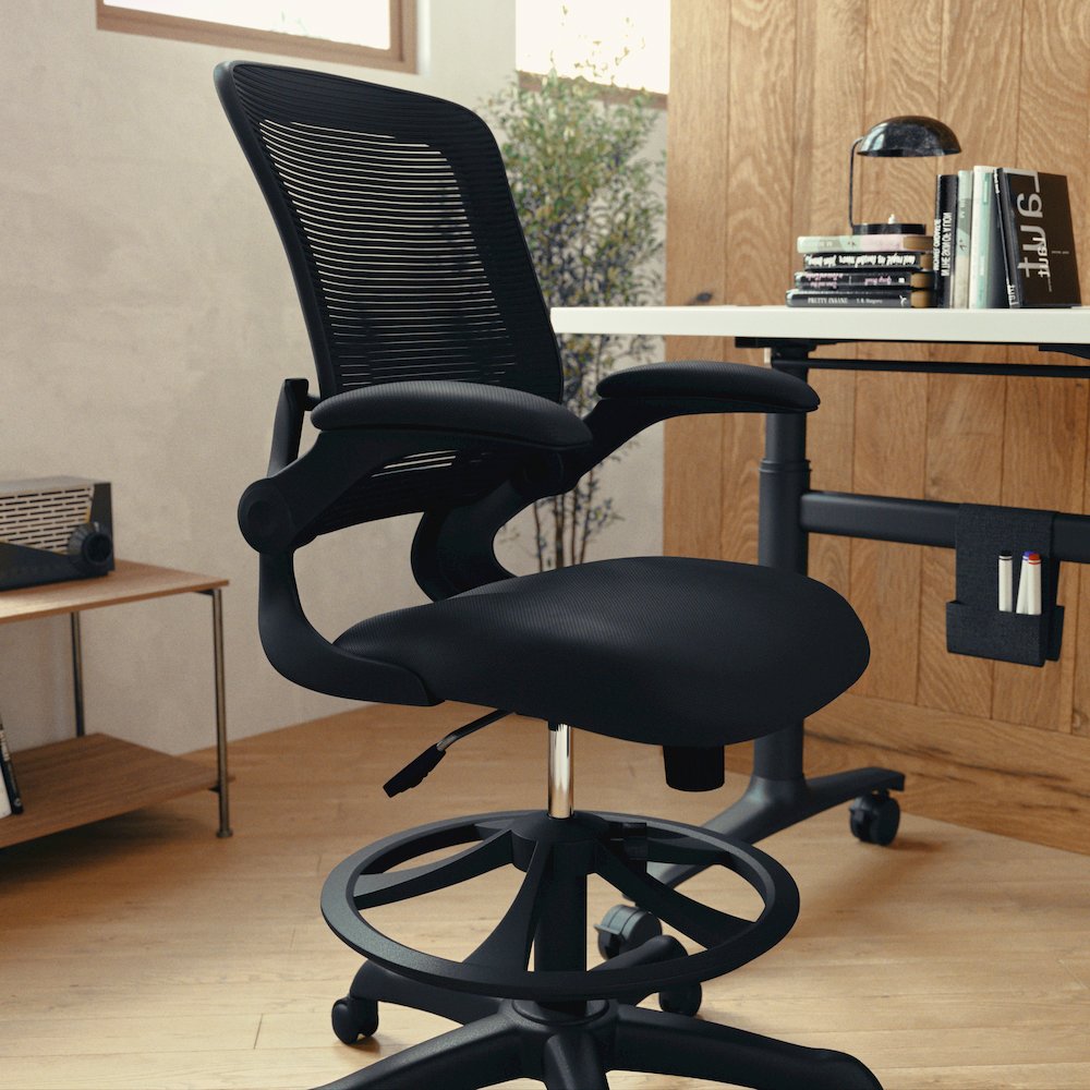 Mid-Back Black Mesh Drafting Chair with Adjustable Foot Ring and Flip-Up Arms