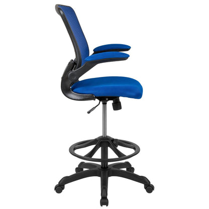 Mid-Back Blue Mesh Ergonomic Drafting Chair with Adjustable Foot Ring and Flip-Up Arms