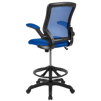 Mid-Back Blue Mesh Ergonomic Drafting Chair with Adjustable Foot Ring and Flip-Up Arms