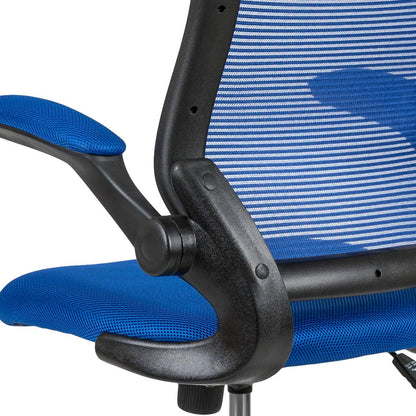 Mid-Back Blue Mesh Ergonomic Drafting Chair with Adjustable Foot Ring and Flip-Up Arms