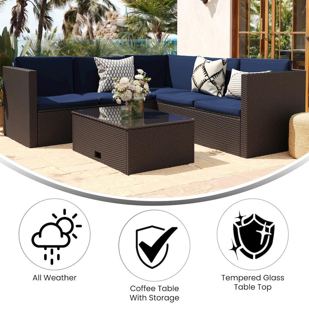 L-Shaped Sectional with Coffee Table in Brown Wicker PE Rattan, Navy Cushions