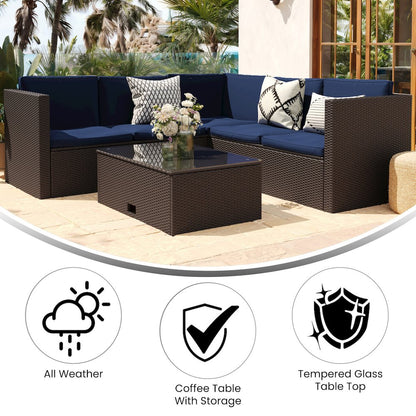 L-Shaped Sectional with Coffee Table in Brown Wicker PE Rattan, Navy Cushions
