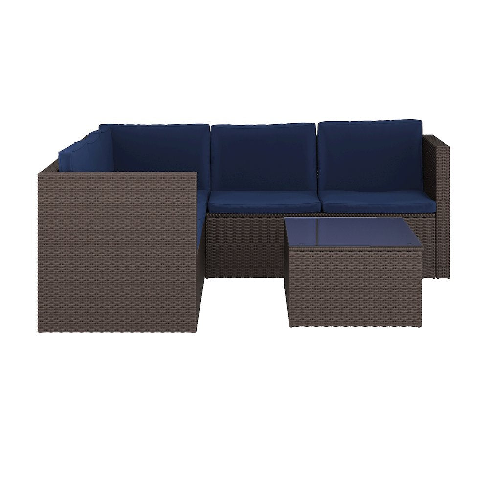 L-Shaped Sectional with Coffee Table in Brown Wicker PE Rattan, Navy Cushions
