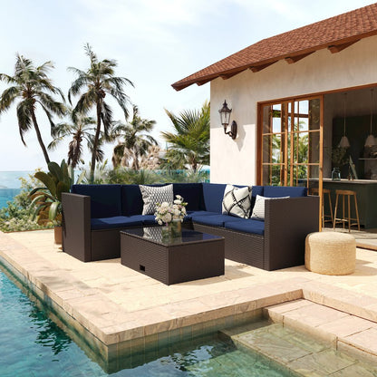 L-Shaped Sectional with Coffee Table in Brown Wicker PE Rattan, Navy Cushions