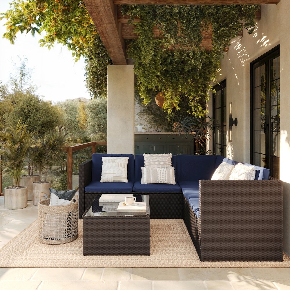 L-Shaped Sectional with Coffee Table in Brown Wicker PE Rattan, Navy Cushions