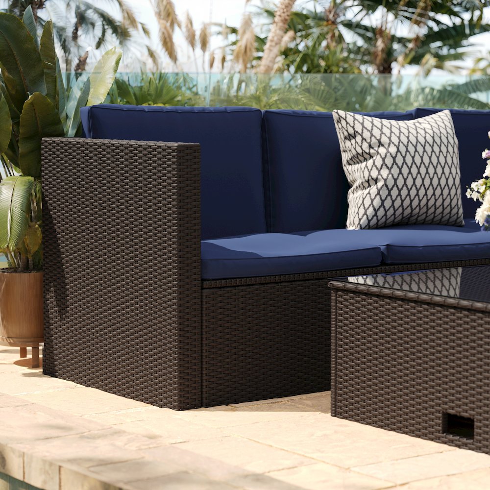 L-Shaped Sectional with Coffee Table in Brown Wicker PE Rattan, Navy Cushions