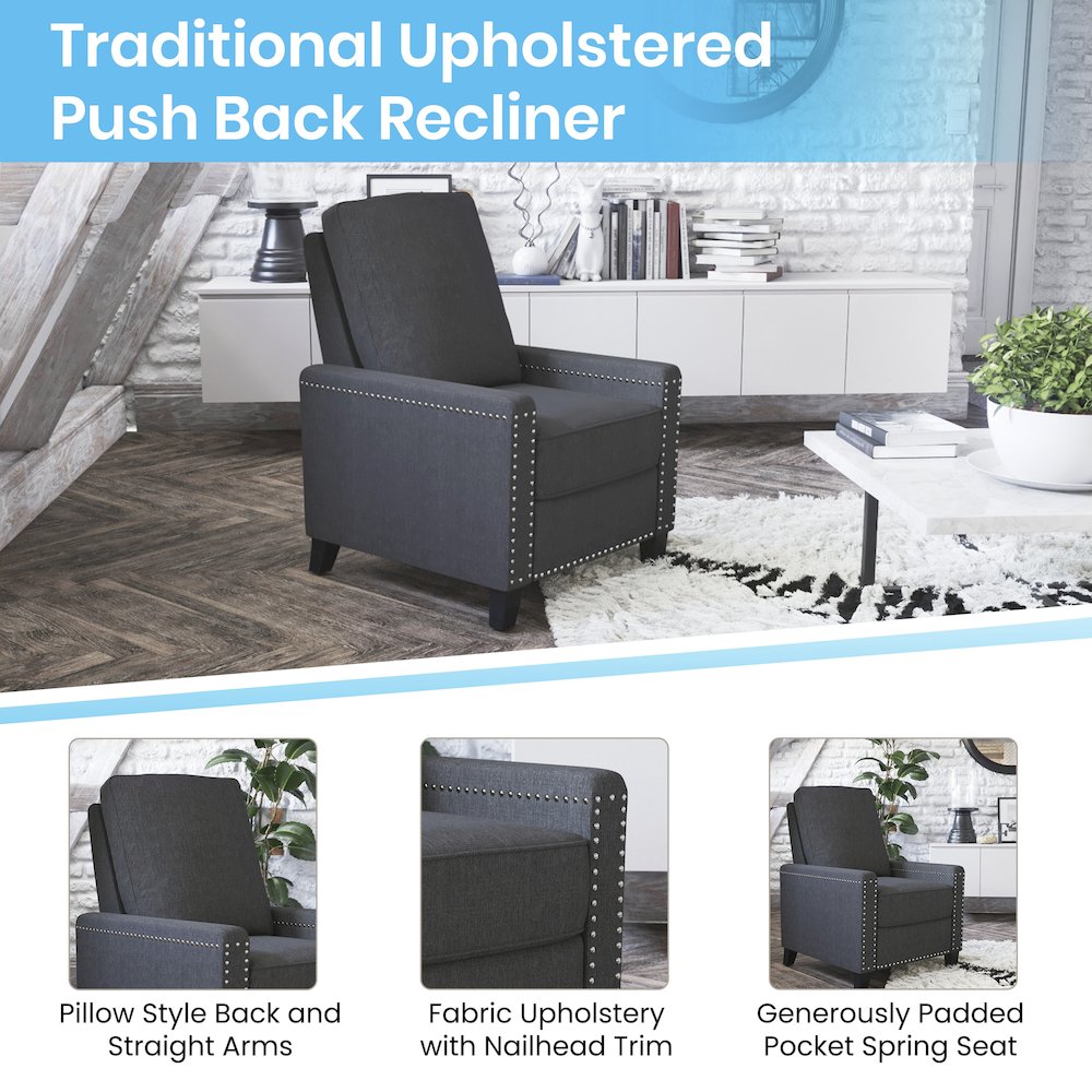 Push Back Recliner Chair - Pillow Back Recliner - Gray Fabric Upholstery
