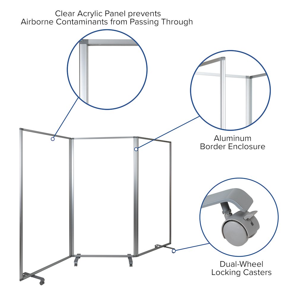 Acrylic Mobile Partition with Lockable Casters, 72"H x 36"L