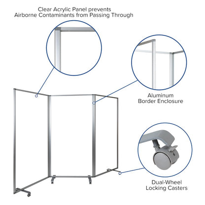 Acrylic Mobile Partition with Lockable Casters, 72"H x 36"L