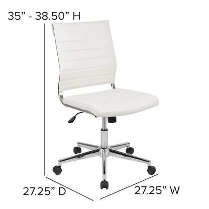 Mid-Back Armless White LeatherSoft Contemporary Ribbed Executive Swivel Office Chair