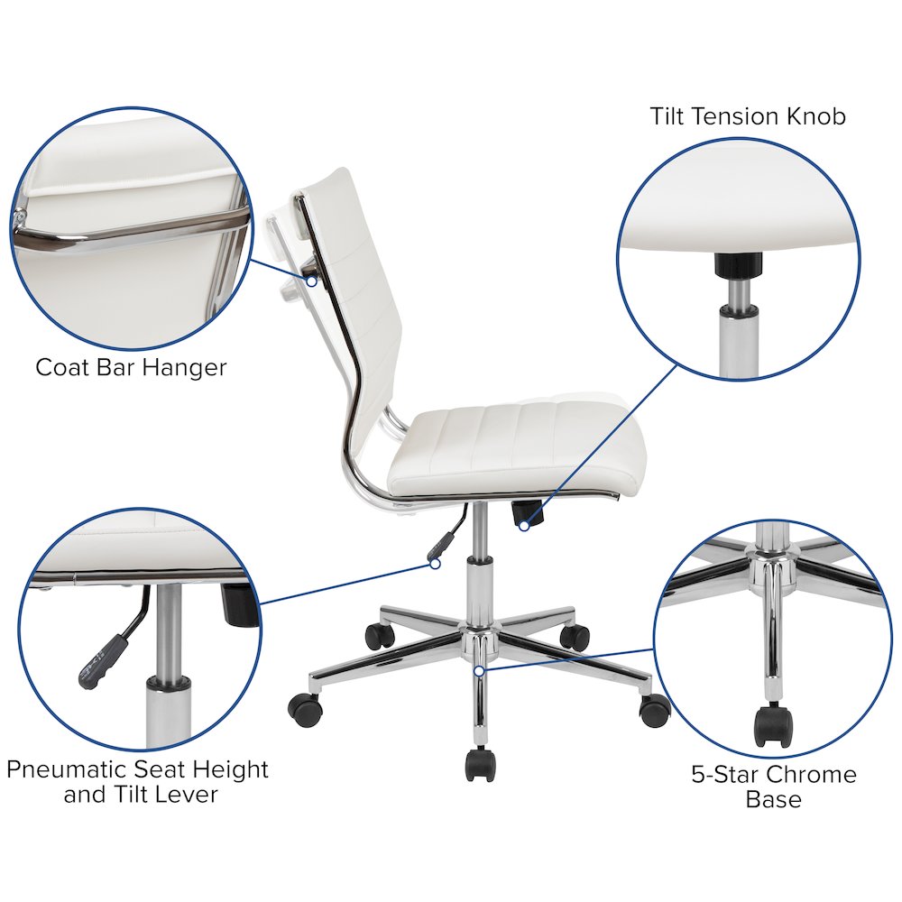 Mid-Back Armless White LeatherSoft Contemporary Ribbed Executive Swivel Office Chair