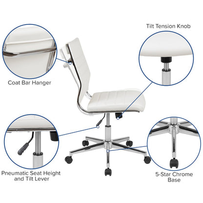Mid-Back Armless White LeatherSoft Contemporary Ribbed Executive Swivel Office Chair
